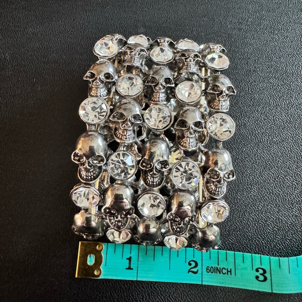 Silver Skull and Crystal Chunky Rhinestone Stretch Bracelet - Picture 5 of 6